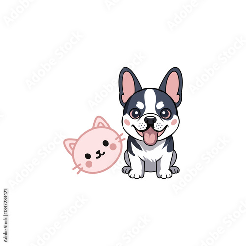 Cute Kawaii French Bulldog Puppy and Pink Kitten Character, Best Friends Pets Vector Illustration