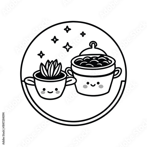 Cute Kawaii Succulent and Soup Pot Characters in Magic Circle, Hand Drawn Vector Illustration