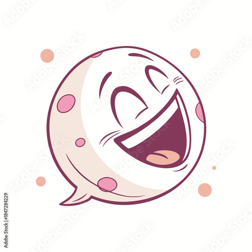 Funny Laughing Moon Character Illustration, Cute Kawaii Planet Emoji with Pink Spots, Cartoon Vector Art