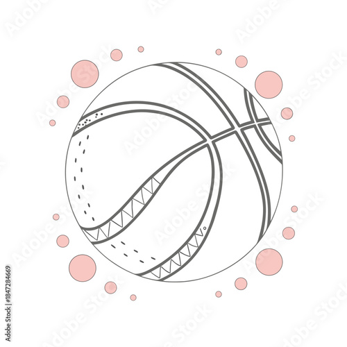 Hand Drawn Decorative Basketball Illustration with Pink Bubbles, Sport Doodle Line Art Vector