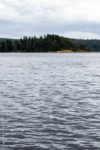 Tranquil Lake Scene With Forest Island And Gentle Waves Under Cloudy Sky