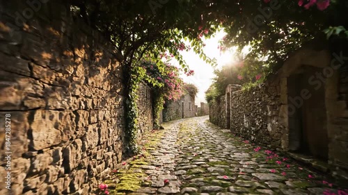 Narrow cobblestone street with stone walls.