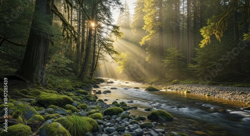 Bright sunbeams pierce through a dense evergreen forest canopy illuminating a moss covered riverbank.