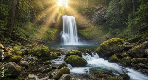Bright sunbeams illuminate a cascading waterfall surrounded by lush, moss-covered forest scenery