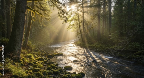 Sunlight streams through dense forest canopy illuminating a rocky, moss-covered riverbank.