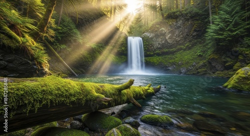 Sunlight streams through dense forest canopy illuminating a lush waterfall and pool below