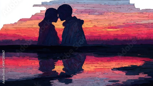 Silhouettes of two people embracing against a dramatically colored horizon reflected in water