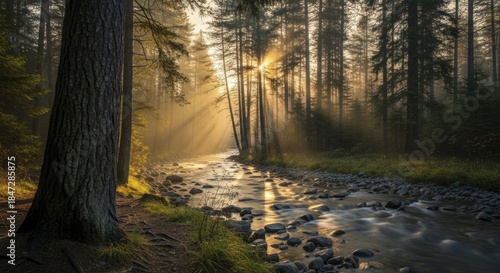Golden sunlight streams through dense tall evergreen trees illuminating a rocky forest stream