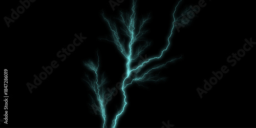Dramatic lightning strike with glowing electrical discharge on a black backdrop perfect for special effects and design elements. Lightning overlay. Set of three electric lightning effects with glowing