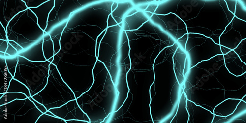 Blue lightning bolts radiate inward, forming a dynamic abstract design on black, thunder, futuristic. Branched lightning bolt. Electric bolt. Vector blue and black cracked texture .