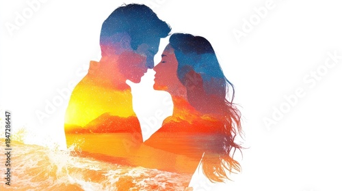 Silhouette profiles of a couple merging with a vibrant sunset seascape and starry night sky