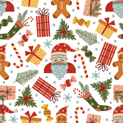 Merry Christmas seamless vector pattern. Funny Santa Claus, gingerbread man, gift boxes, holly. Holiday decorations, surprise stocking, candy, snowflake. Cartoon background for New Year, Xmas, Noel