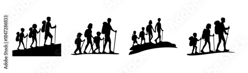 Family hiking adventure silhouettes climbing uphill on various terrains with backpacks
