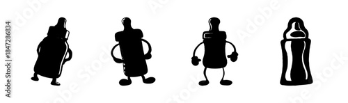 Playful and classic baby bottle silhouettes illustrating various designs and characters