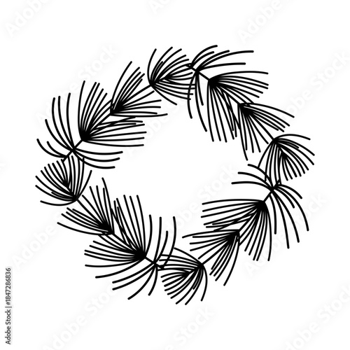 Fir wreath vector illustration. Christmas decoration made of pine branches, a festive accessory without ornaments. Round frame, botanical black and white element. Isolated doodle, hand drawn clipart