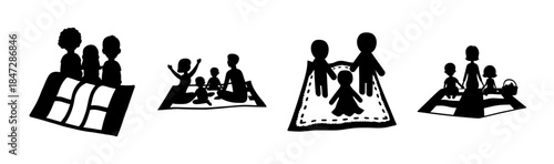 Silhouettes of various family groups and social gatherings enjoying time together on mats