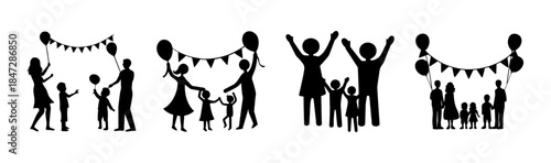 Joyful family celebrations: silhouettes of parents and children with balloons and banners