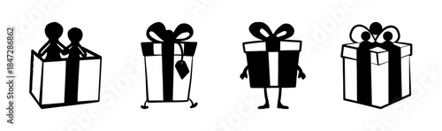 Diverse and playful collection of gift boxes, featuring anthropomorphic designs and surprises