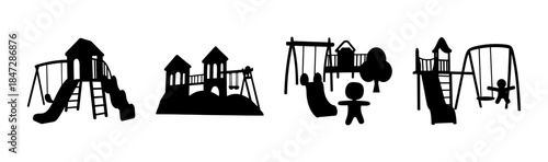 Playground equipment silhouettes illustrating various structures for children's outdoor fun and activity