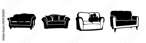 Four black and white hand-drawn sofa and couch illustrations showcasing various styles