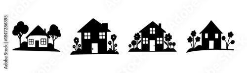 Simple black silhouettes of charming houses with gardens and trees on a white background
