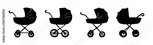 Diverse collection of classic baby pram and stroller silhouettes, perfect for nursery and childcare design projects
