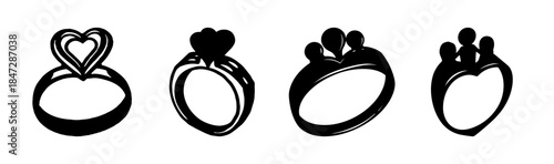 A collection of stylized black and white ring designs featuring heart and family-like symbols