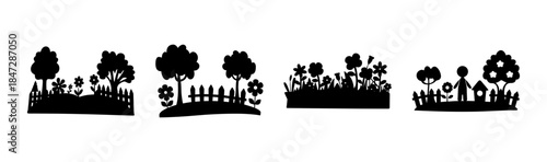 Diverse garden and nature silhouettes featuring trees, fences, flowers, and a child