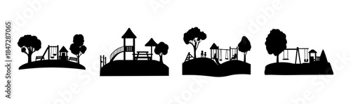 Diverse silhouette collection of children's playgrounds depicting various park activities