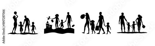 Diverse family moments: silhouettes depicting parents and children enjoying various recreational activities together