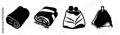 A collection of stylized black and white icons featuring various types of comfortable blankets and throws