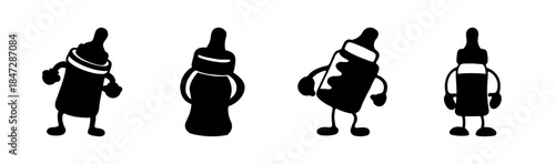 Playful black silhouette baby bottle characters for infant care and nursery designs