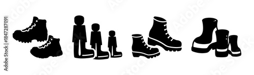 A diverse collection of boot types and sizes, featuring footwear for the entire family in monochrome