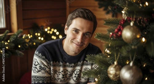 Handsome young man wearing a patterned warm sweater smiles beside a decorated evergreen holiday tree