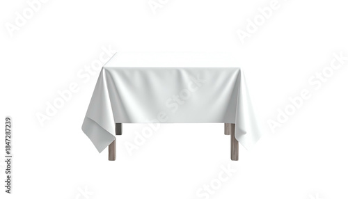 A front view of a square wooden table draped with a pristine white tablecloth