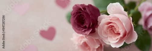Bouquet of pink and red roses with hearts surrounding them