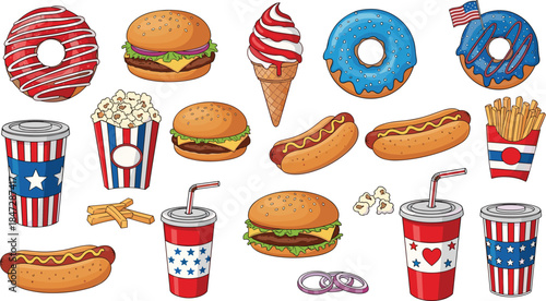 American Fast Food Vector Set. Cartoon Hamburgers, Hot Dogs, Popcorn, Donuts, and Soda for Independence Day Graphics.
