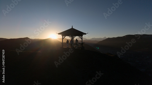 Temple Facing the Rising Sun at Sunrise with Morning Mist