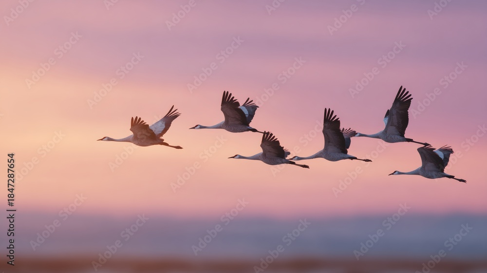 Fototapeta premium Flock of birds flying in a line across a beautiful sky