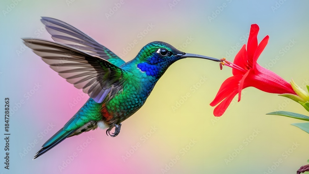 Naklejka premium Vibrant hummingbird feeding from a bright red flower in flight with colorful background