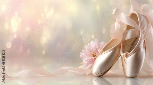 Satin ballet pointe shoes arranged with pastel flowers highlighting dance culture, performance art and training themes for professional and educational marketing. Elegant commercial visual supporting