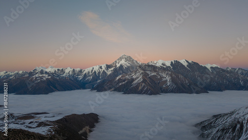Venus Belt Over Mount Gongga at Dusk with Pink and Blue Layered Sky, China