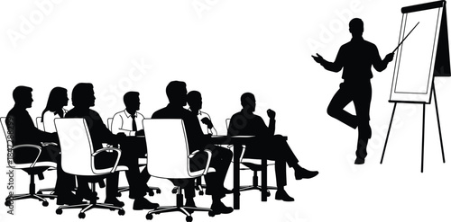 Business presentation silhouette, corporate training session, team meeting illustration, black vector figures, professional communication scene, office seminar gesture reference