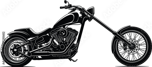 Black Silhouette Vector Illustration of a Classic Customized Chopper Motorcycle with Long Front Forks, Ideal for Biker and Cruiser Themes.