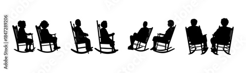 A collection of black silhouettes depicting various people relaxing comfortably in rocking chairs