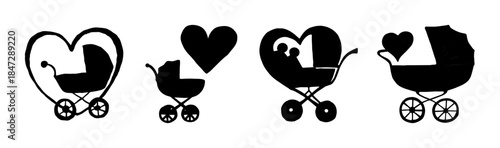Lovely collection of baby pram silhouettes adorned with charming heart designs