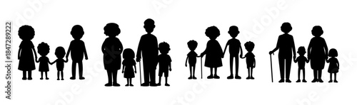 Silhouettes of multi-generational families showing different age groups and family structures