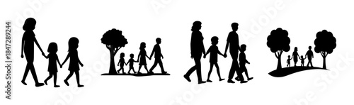 Happy families walking together, holding hands, symbolizing unity and togetherness in nature