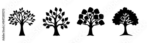 Collection of four elegant black tree silhouettes on a pure white background