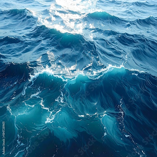 Close up View of Dynamic Blue Ocean Waves with White Foam and Sun Glare